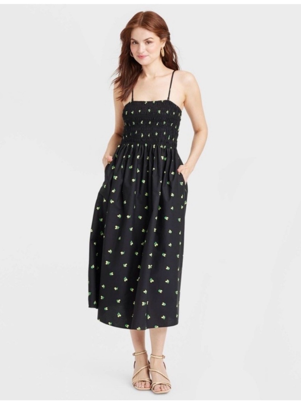 A New Day NWOT Easy Summer Smocked Midi Dress in Lemon Print - M
